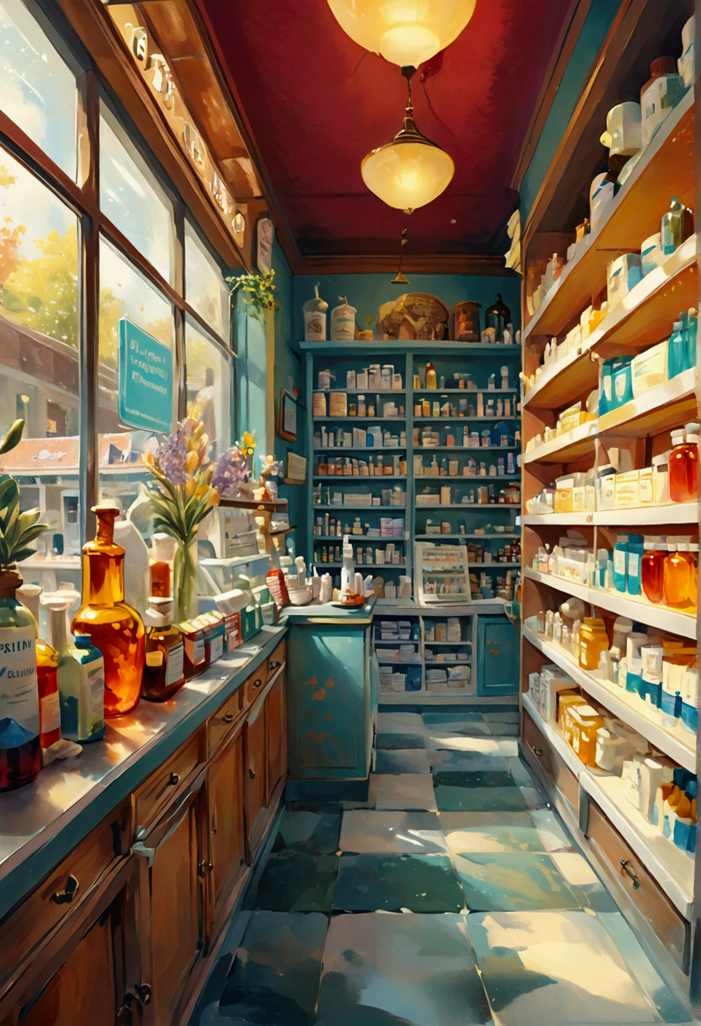 Create an illustration that meets the following criteria: -A pharmacy with a warm atmosphere and illustrations of pharmacists being recruited