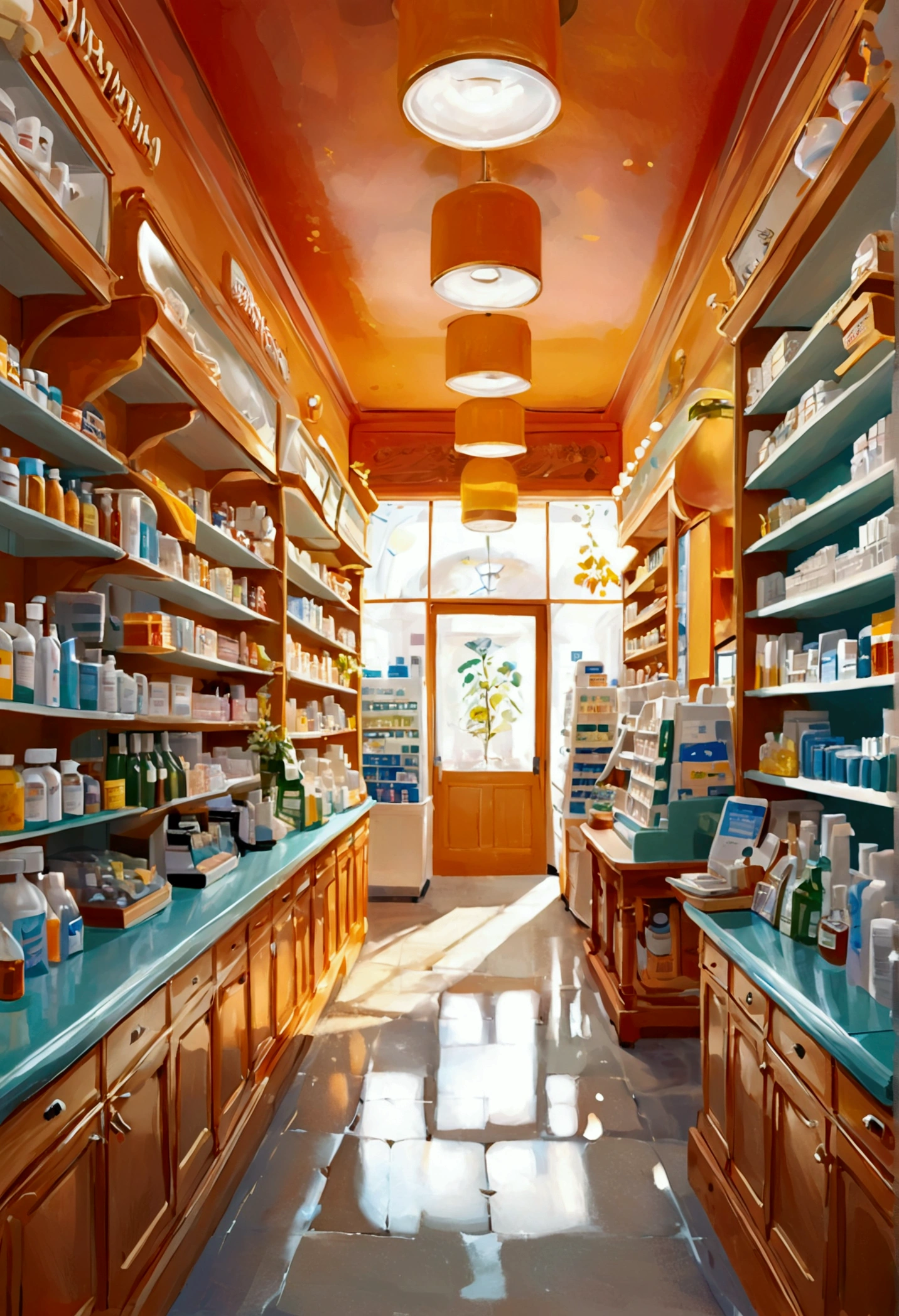 Create an illustration that meets the following criteria: -A pharmacy with a warm atmosphere and illustrations of pharmacists being recruited