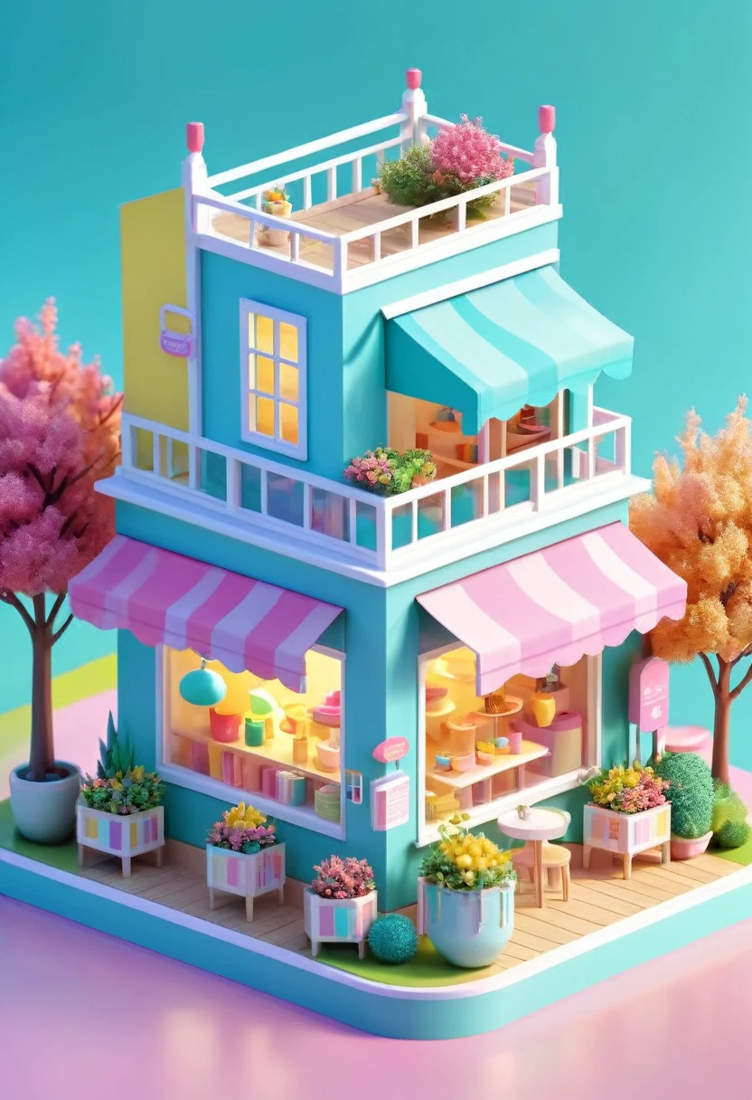 length, Cup House concept pop-up store design, Close to the leak, Rich background, Vibrant colors, illustration, Toy core, Soft Light, Dreamlike scenery, 4K ultra HD, Isometric, Tilt Shift