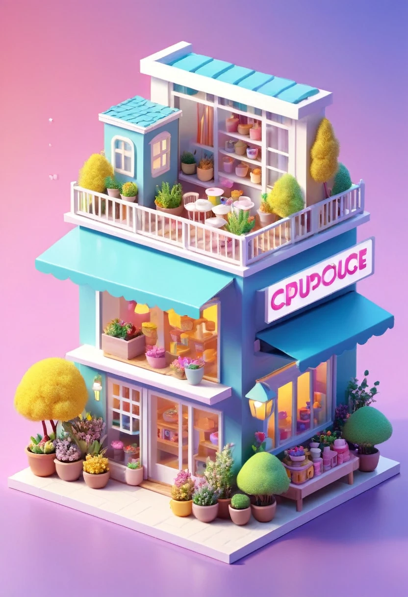 length, Cup House concept pop-up store design, Close to the ????, Rich background, Vibrant colors, illustration, Toy core, Soft Light, Dreamlike scenery, 4K ultra HD, Isometric, Tilt Shift