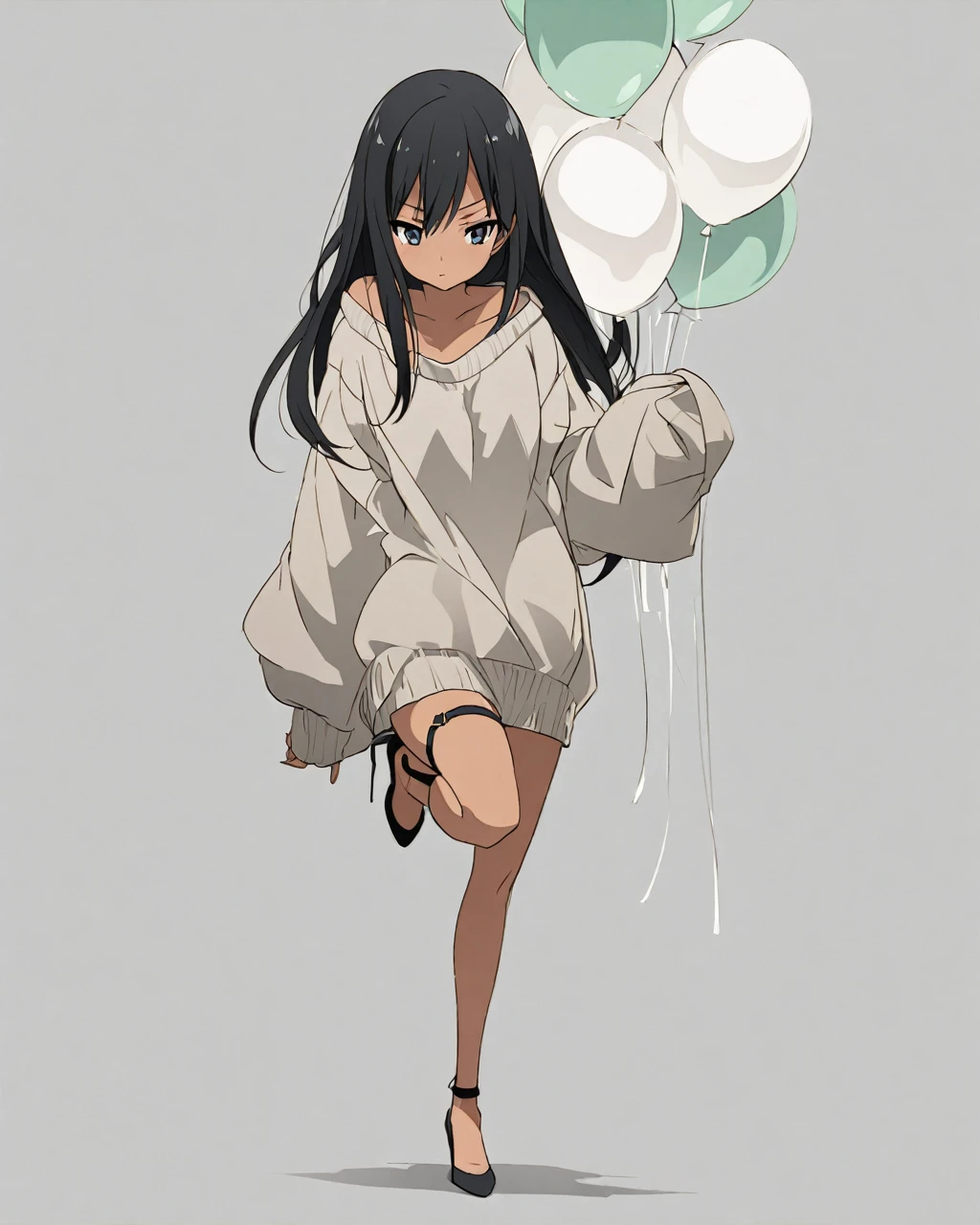 an anime-style illustration fo A model poses in a tan oversized sweater dress with balloon sleeves. The dress is mid-thigh length, and the model stands on one leg while lifting the other, showcasing white high-heeled shoes with ankle straps. The model has long, straight black hair and a neutral expression, set against a plain gray background