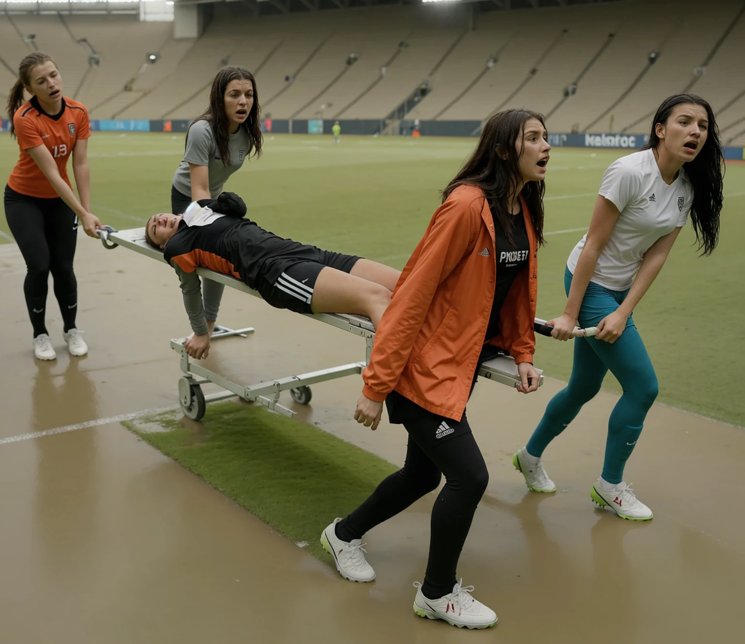 a soccer scene in a sports stadium, cool and wet weather conditions, humide ground, rainy sky, injury scene in a sports stadium, stretcher carry, there are four female medics carrying a stretcher, there are four female medics in very shiny coats who are carrying a stretcher in a sports stadium, there is a wounded male soccer player in a matte short cotton sports outfit lying on the stretcher, an injured male soccer player in matte cotton sportswear is lying in pain on a stretcher, a soccer player in matte cotton sports clothes is rearing up in intense pain while lying on a stretcher, dramatic scene, theatralic posing scene, dramatic pity scene, injury soccer, first aid, help, pity, there are four female medics in wetlook high-shine coats who are looking very sad and very terrified and very shocked, the injured soccer player is screaming out in pain while he is carried from the pitch on a stretcher