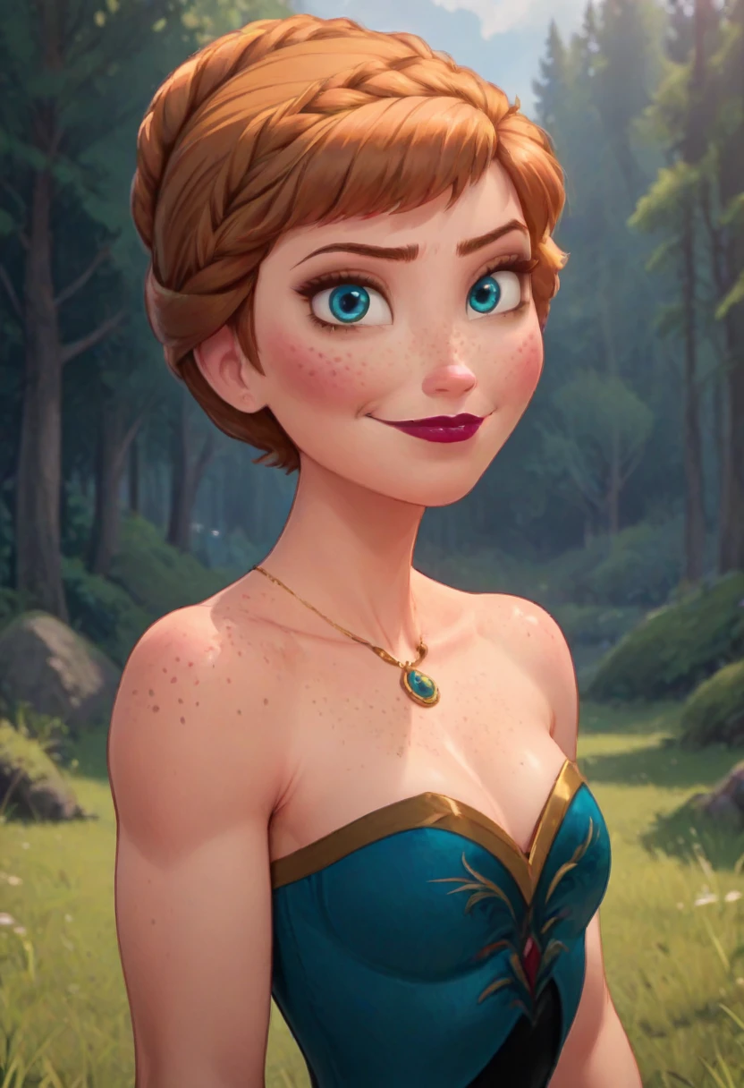 ((masterpiece, best quality)), Disney reference, (Anna), Anna smirks, lipstick, freckles on face, upper body: bare shoulders, skinny 