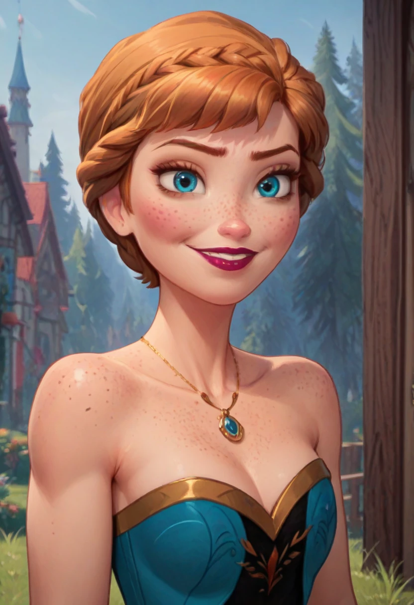 ((masterpiece, best quality)), Disney reference, (Anna), Anna smirks, lipstick, freckles on face, upper body: bare shoulders, skinny 