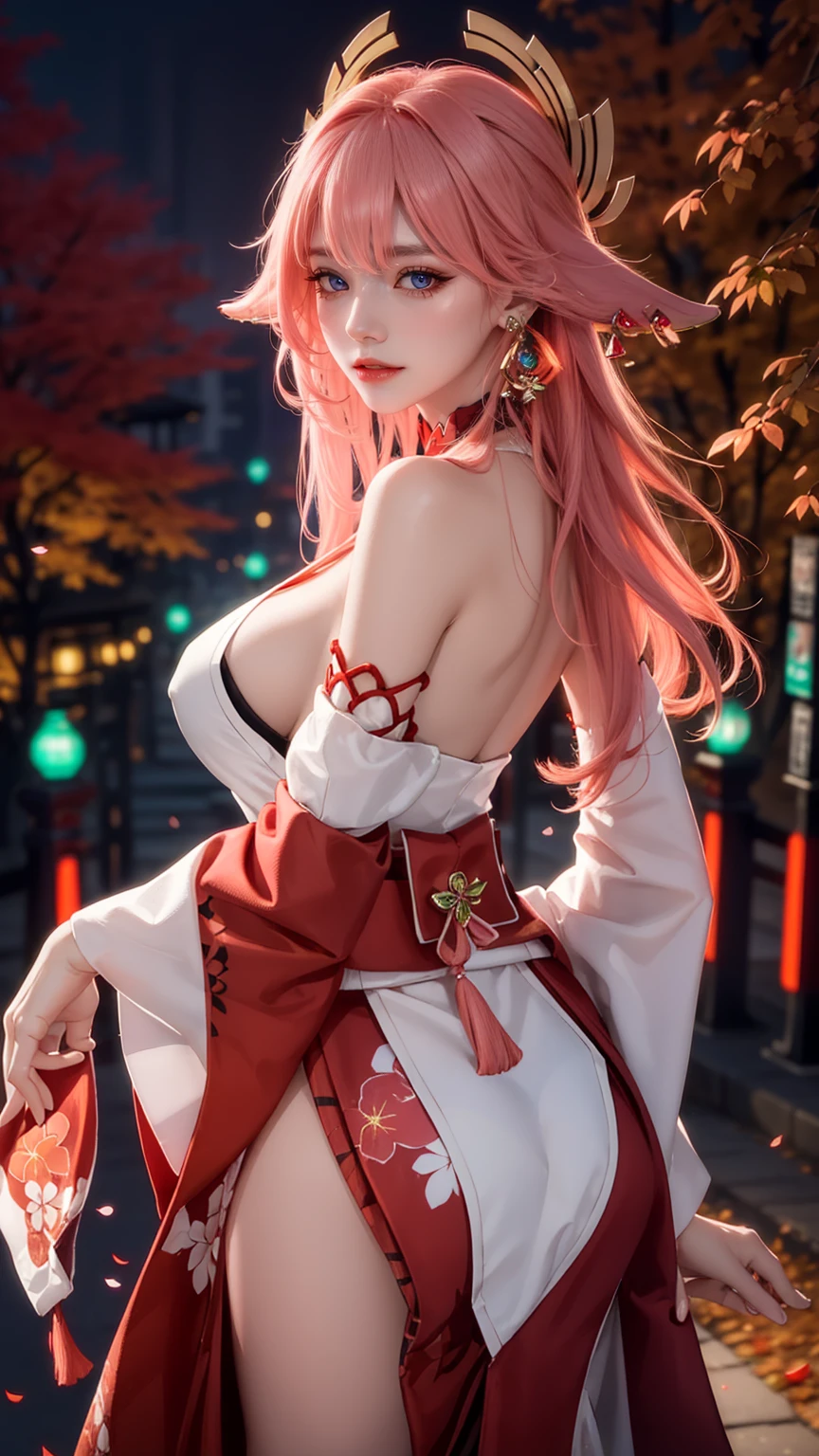 (Masterpiece, Excellent, 1girl, solo, complex details, color difference), realism, ((medium breath)), off-the-shoulders, big breasts, sexy, Yae Miko, long pink hair, red headdress, red highlight, hair above one eye, green eyes, earrings, sharp eyes, perfectly symmetrical figure, choker, neon shirt, open jacket, turtleneck sweater, graffiti, dim lighting, alley, ((mean, seductive, charming)), ((autumn background))), ((Japanese park background)))), (((luminous background))), (dynamic pose), tulle, bare shoulders, blooming flower fields, radiant skin, faint smile, sexy, bust, no breast cover, naked, cocked ass, view from behind.