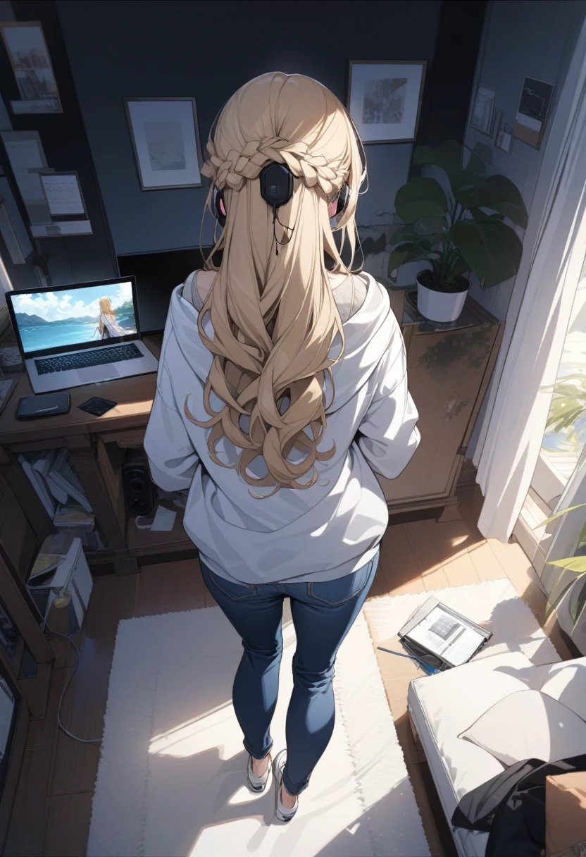 masterpiece, best quality, extremely detailed, ultra detailed, flat anime, 2D,
1girl, (young adult:1.2),blonde hair, (semi-long hair:1.2), curly hair, french braid, medium breasts, tsurime, purple eyes, height 1.7meters, 
white hooded sweatshirt, jeans,  earring,bracelet, long sleeves, ((Bluetooth small earphone)),
Back view of a laptop computer,Operating a laptop computer,
from behind, full body, 
summer, livingroom, 12AM., standing