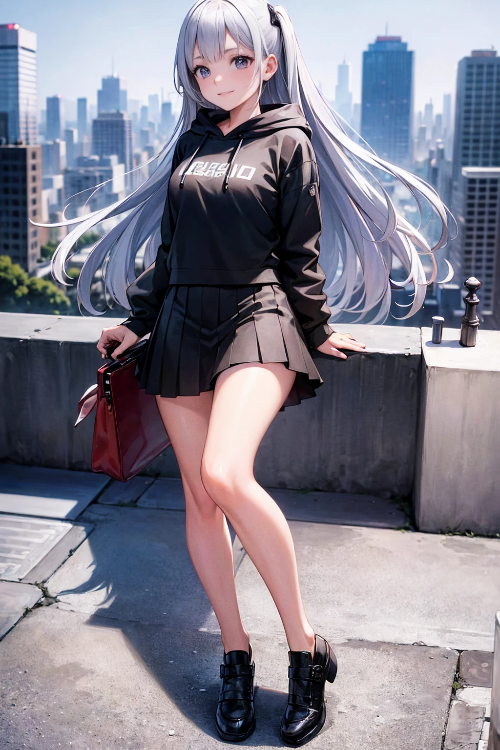 (masterpiece), (best quality), (ultra detailed), (high res 8K), 1 girl, late age, standing, full body, bird's eye view, hoody, mini-skirt, silver hair, smile, looking away, cityscape in Tokyo, morning, in summer, high contrast, professional lighting, stunning face, symmetrical clear eyes, detailed eyes and face