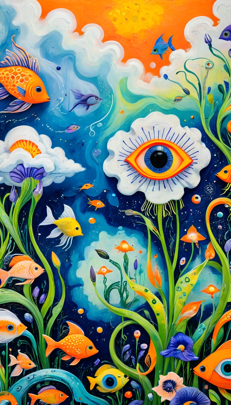 Children's graffiti,Thick coating,Concave and convex texture,Oil pastel strokes:1个3Dbird笼,A cloud、iris、fish、Tentacles、bird、Eye、diatom,Abstract mosaic painting,Describing the inner world of autistic people,Sense of space,White Space,interesting,Innocence,Psychedelic Art,Orange overall