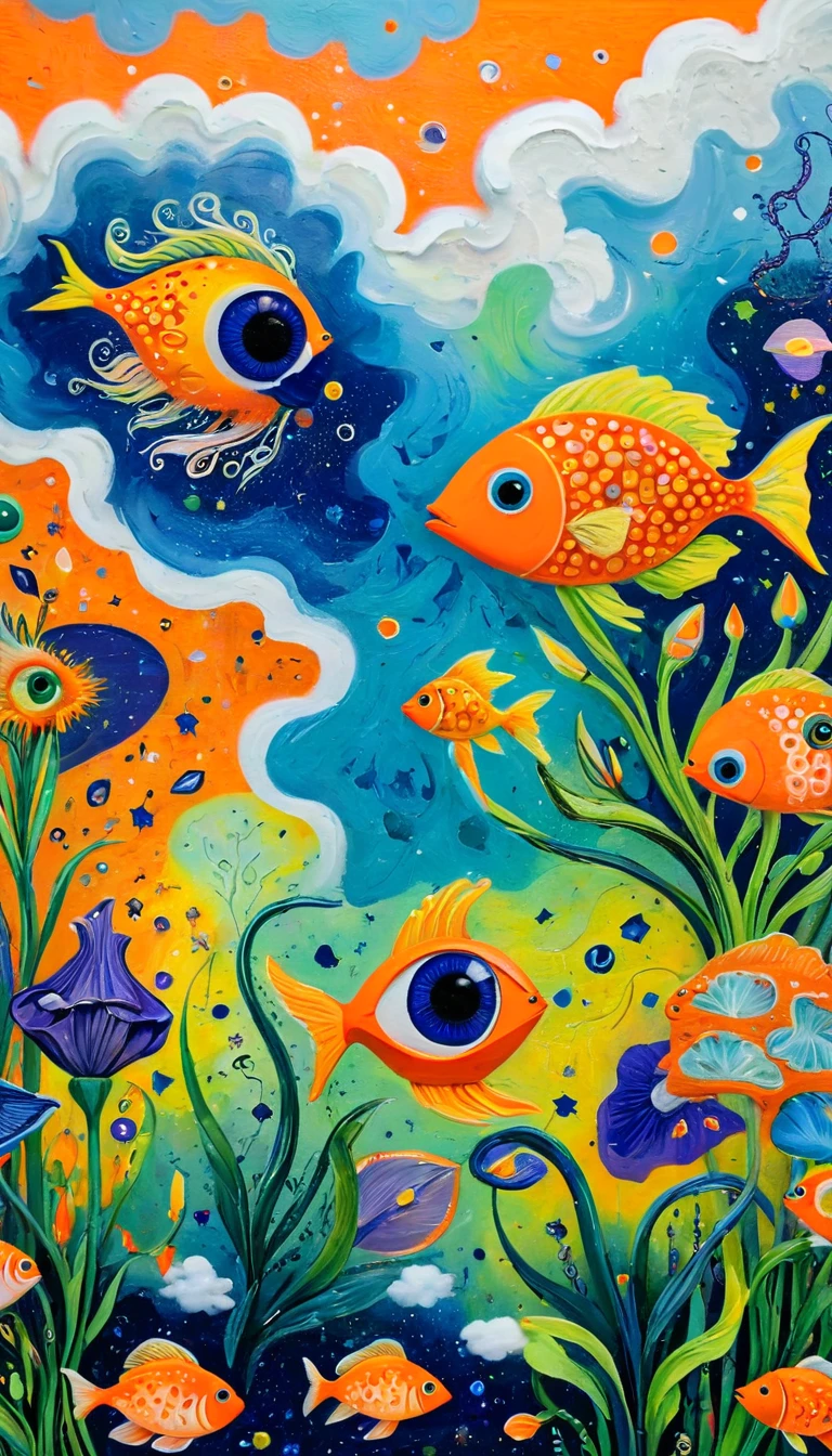 Children's graffiti,Thick coating,Concave and convex texture,Oil pastel strokes:1个3Dbird笼,A cloud、iris、fish、Tentacles、bird、Eye、diatom,Abstract mosaic painting,Describing the inner world of autistic people,Sense of space,White Space,interesting,Innocence,Psychedelic Art,Orange overall