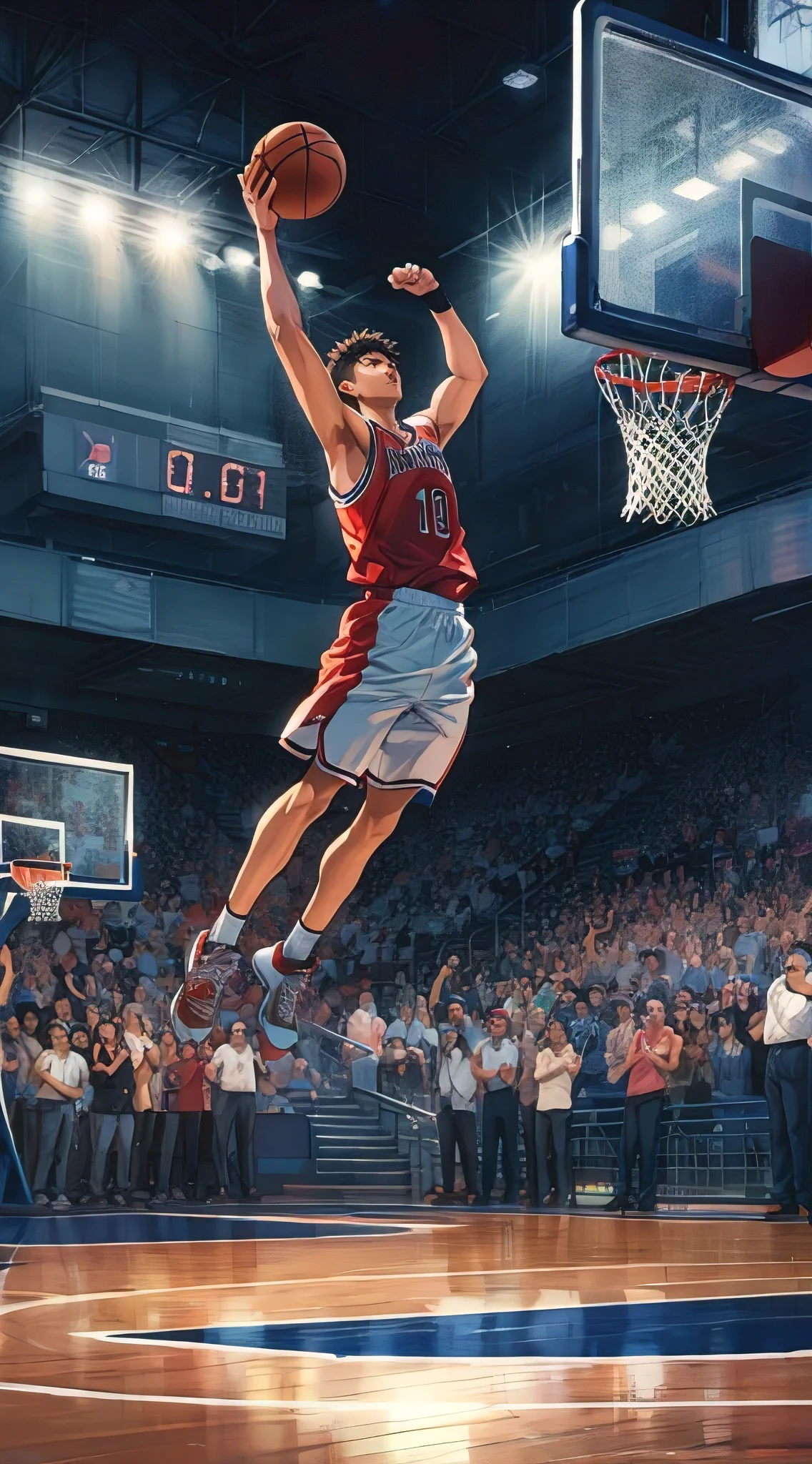 basketball, slam dunk, shot clock showing "0.01", indoor basketball stadium, cheering crowd, dramatic shot, photorealistic, illustration, painting, anime