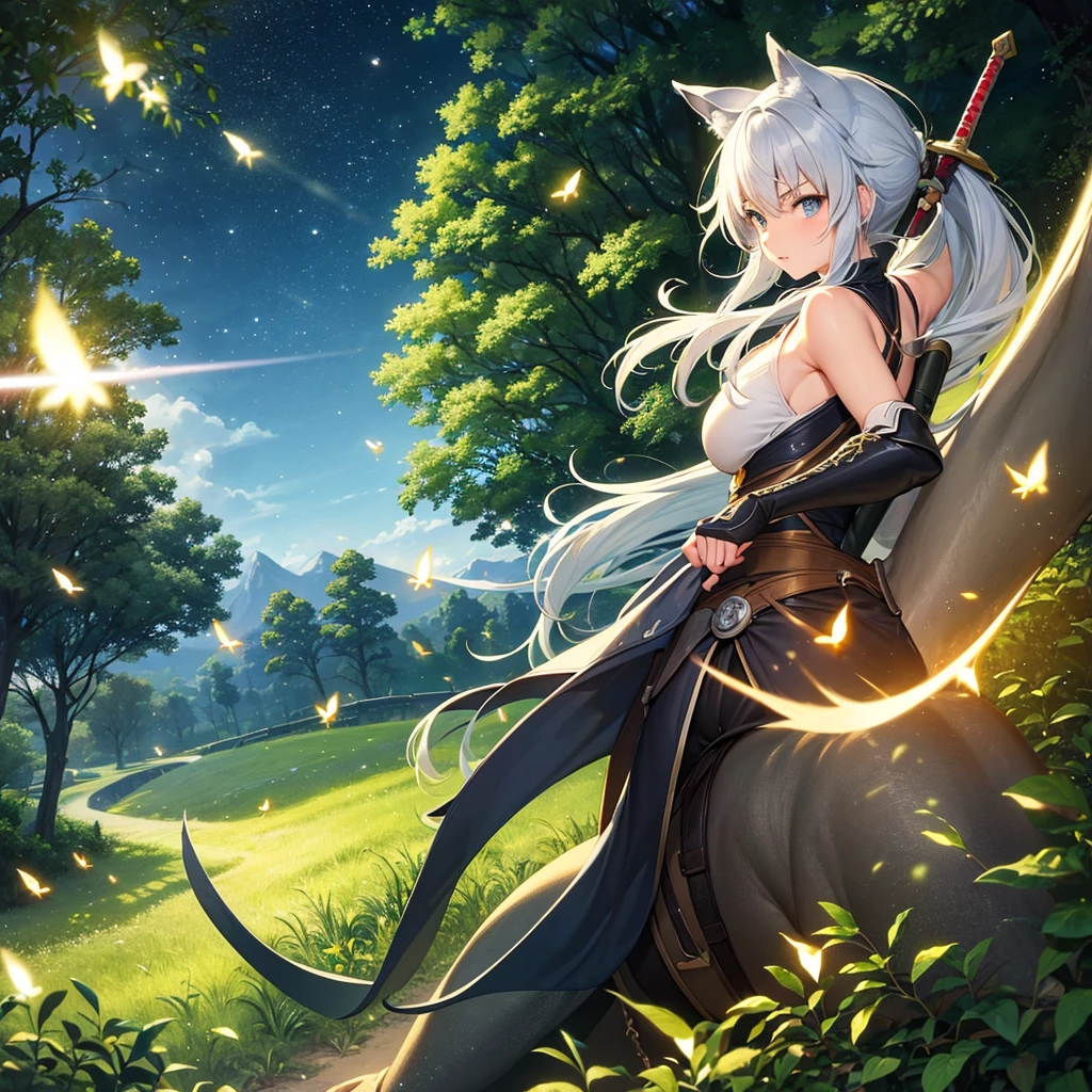 Masterpiece, top quality, 8k, girl in Ghibli style ninja outfit, riding on back of silver wolf. 15 yrs old, with magically glowing sword, lots of fireflies flitting and twinkling.