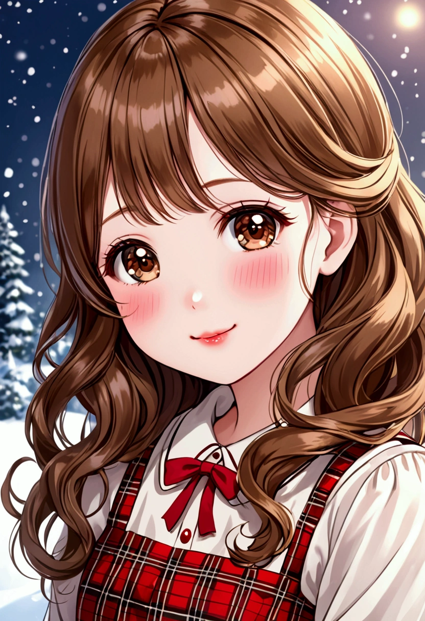 Very beautiful and sweet women, with innocent shy facial expression with sweet smile, long wavy honey brown hair, snow white skin complexion, brown doe eyes. Very detailed. cute plaid dress, blushing rosy cheeks