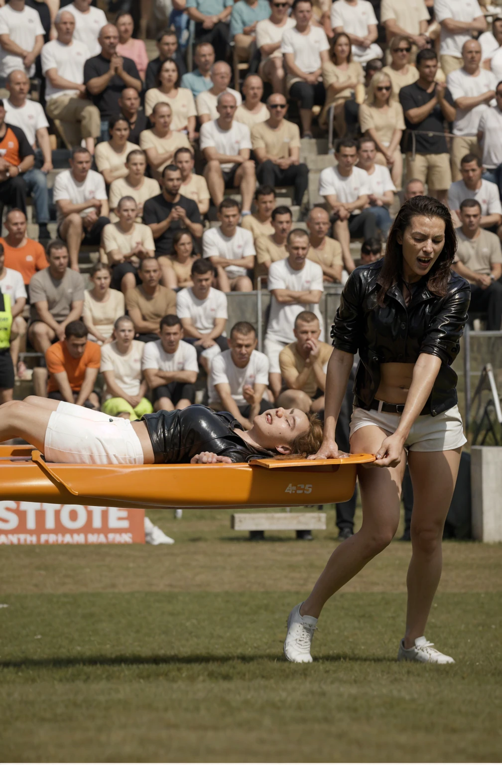 a blond woman is carrying a astretcher on a soccer field, there is a male soccer player in short sportswear lying injured on a stretcher, there is an injured sportsman who is covering his face on a stretcher, an injured sportsman is covering his face with his hands, an injured sportsman is writhing ecstatic in pain on a stretcher, dramatic pity pose, there is a very female woman in a high-shine coat, a high-shine black wetlook coat, a long shiny coat, a wetlook glossy coat, a wet black laquered coat, a very female looking wife is wearing a wetlook coat, injured, medic, soccer action pose, affection pose, lecherous action pose, dramatic action pose, theatralic pose, there is an attractive woman that is carrying a suffering man on a stretcher, there is a beautiful woman in a shiny coat who is carrying a blond man on a wet orange stretcher, a longhaired beautiful woman in a high-shine coat, a longhaired woman in a shiny downcoat, a woman is carrying a stretcher with a shorthaired man who is wearing shorts and a t-shirt, a weak man in spots shorts is consciousless and needs to be carried on a wetlook pvc stretcher, a shorthaired man with closed eyes is carried on a stretcher by a longhaired woman, a woman looks very scared and terrified, a consciousless man with closed eyes is suffering very much and has a very painful face, photo, photo shoot, photographed , accident, help, aid, first aid, pity