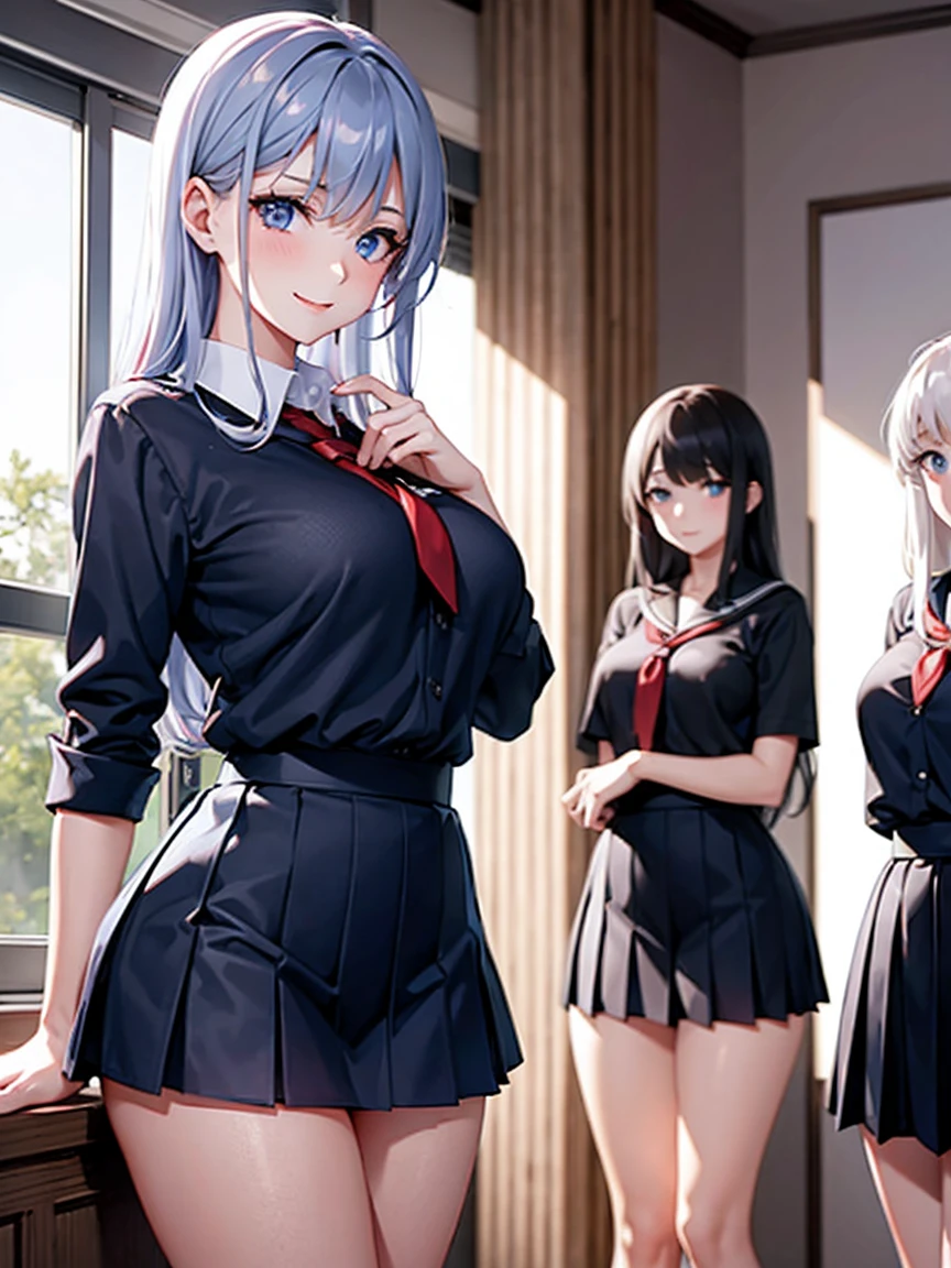(3girls), (3 young schoolgirls), navy blue school shirt, red school skirt, putting on a show for the viewer, classroom, dusk, (dim lighting), devious smile, (three Sexy girl), [platinum hair, tall, grey eyes, pale skin, big breasts], [dark brown hair, hazel eyes, tan skin, big ass], [black hair, light blue eyes, medium tits, short] (Masterpiece), (Best quality), (8k)