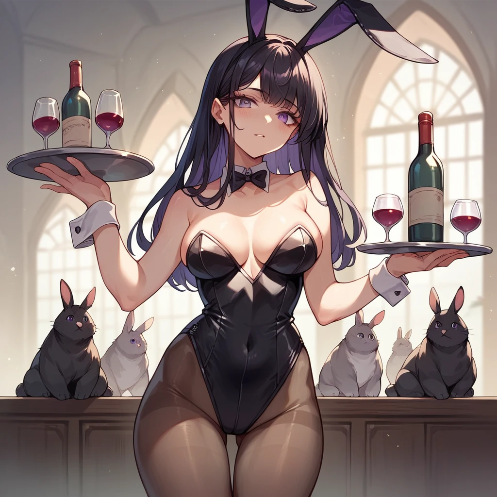 long black hair, perfect body, purple eyes, black bunny girl costume, standing, black and purple bunny ears, holding round tray with wine bottles sexy body, pantyhose