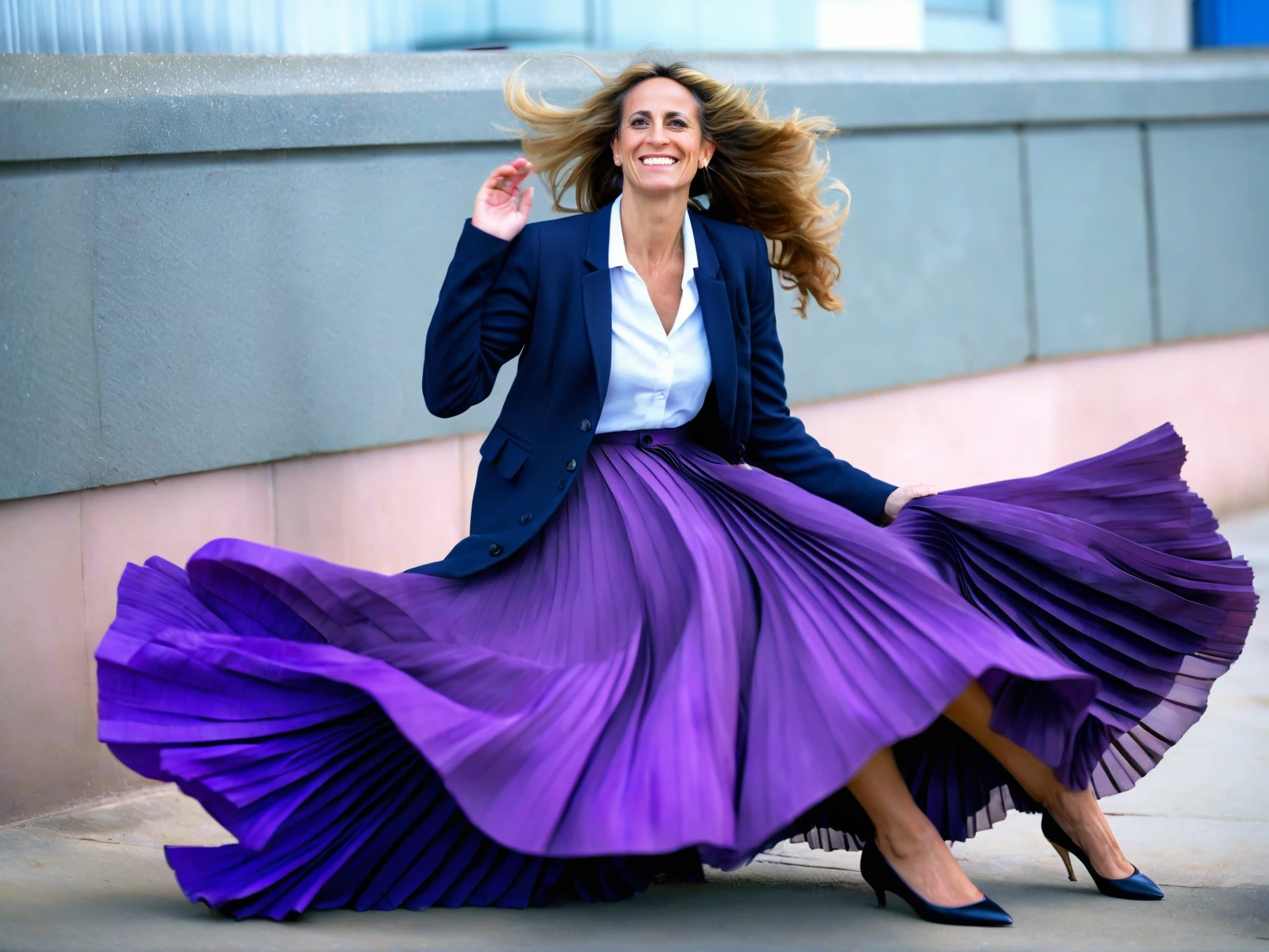 Emily Maitlis, A smiling, authentic, (shy:1,3), kind, beautiful woman, is passionately in love with her skirt, wind wildly lifts her skirt, wearing uniform jacket and very, very detailed (long (fully pleated) full circle skirt) and (low heeled court shoes), very, very intricate hyper-detailed symmetric (attractive graceful young feminine face) with (sad, tired eyes and a loving smile), very voluptuous breasts, full of empathy and compassion and love, (pronounced (feminine) features), (highly detailed ultra accurate realistic) hands and fingers, (windy), epic composition, highly detailed attributes, (35mm f1.4 Kodak portra 400 photograph), extremely high quality RAW photograph, highly detailed atmosphere, sci-fi, cinematic shot, dynamic lighting, 75mm, Technicolor, Panavision, cinemascope, sharp focus, fine details, 8k, HDR, realism, realistic, key visual, film still, superb cinematic color grading, depth of field