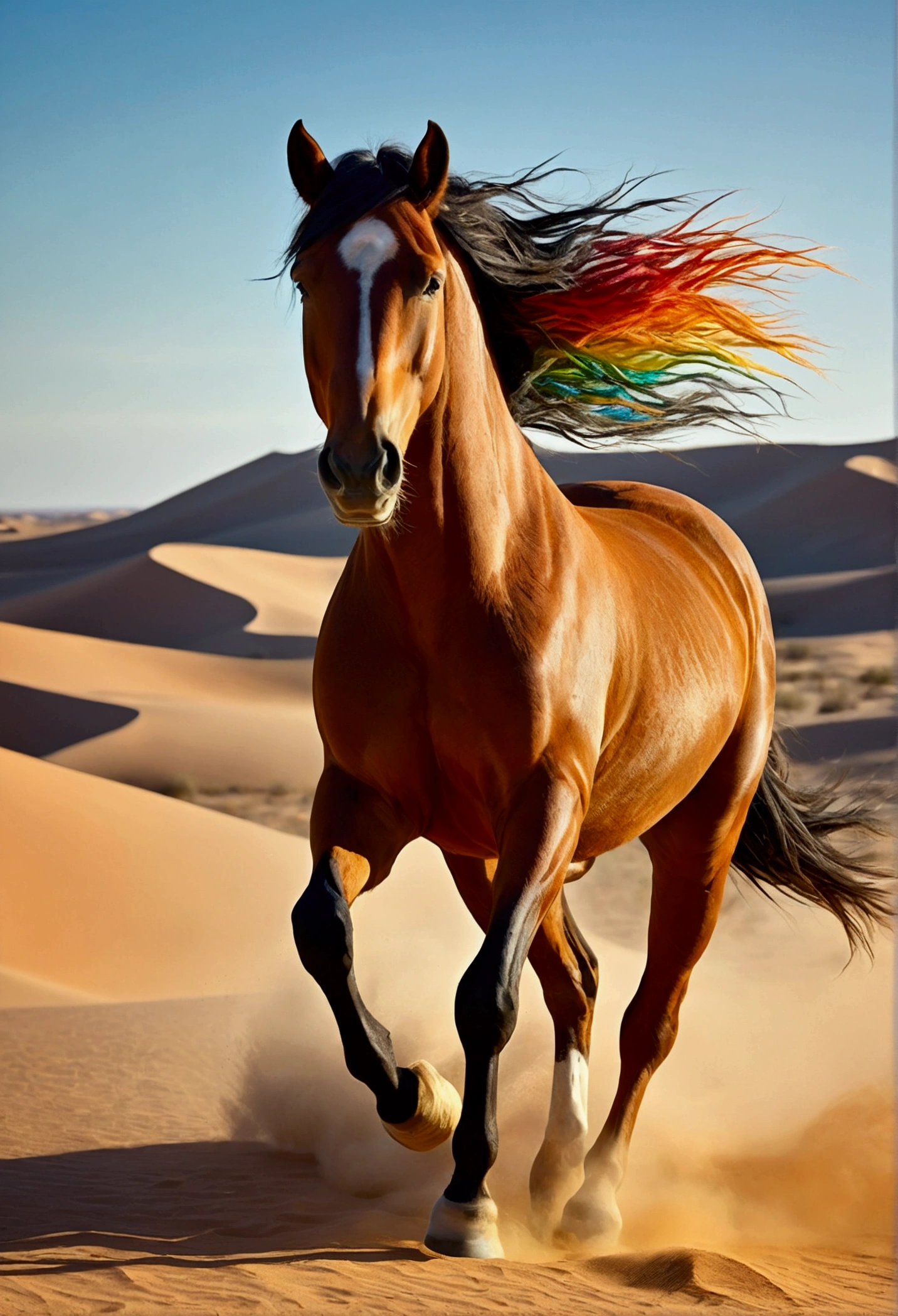 A majestic and vibrant horse runs freely in a vast arid desert. The horse has an extraordinary coat that displays all the colors of the rainbow, in a harmonious gradient that starts at the head and ends at the tail. The sky above is clear and blue, no clouds, and the sun shines brightly, casting soft shadows on the golden desert sand. Small dunes and some resistant plants complete the desert landscape, further enhancing the colorful and dynamic figure of the horse.