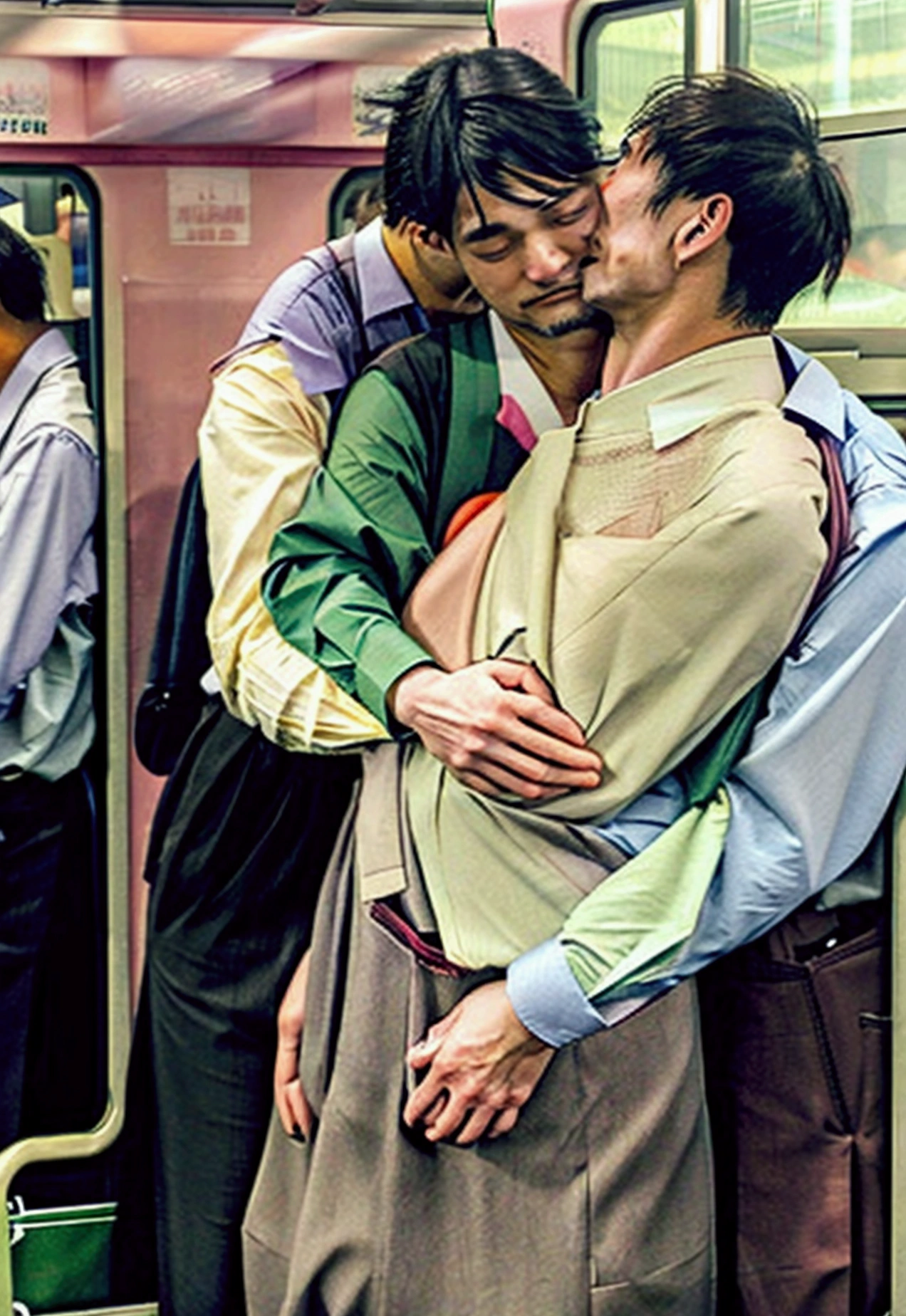 (molestation:1.5)、1 girl、(full body shot)、1 male、(((molestationされるオフィスレディ:1.5)))、(super beautiful)、(beautiful face:1.5)、she is crying、(Office worker uniform:1.2)、(Inside a crowded train in Japan:1.5)、a man forcefully kisses his girlfriend、(a man takes off his skirt:1.5)、(man hugs her chest:1.5)、(At SFW:1.u can see your through your shirt)))、(groan of pain:1.3)、(ecstasy:1.5)、