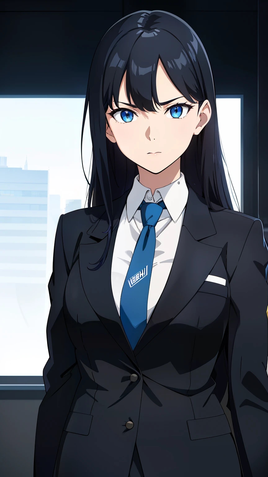 (best quality:1.5, highres, UHD, 4K, detailed lighting, shaders), black hair, long hair, side swept hair, cool woman, cool girl, sharp eyes, narrow eyes, blue eyes, beautiful, small breasts, office background, formal suit, necktie, jacket, focus on character face