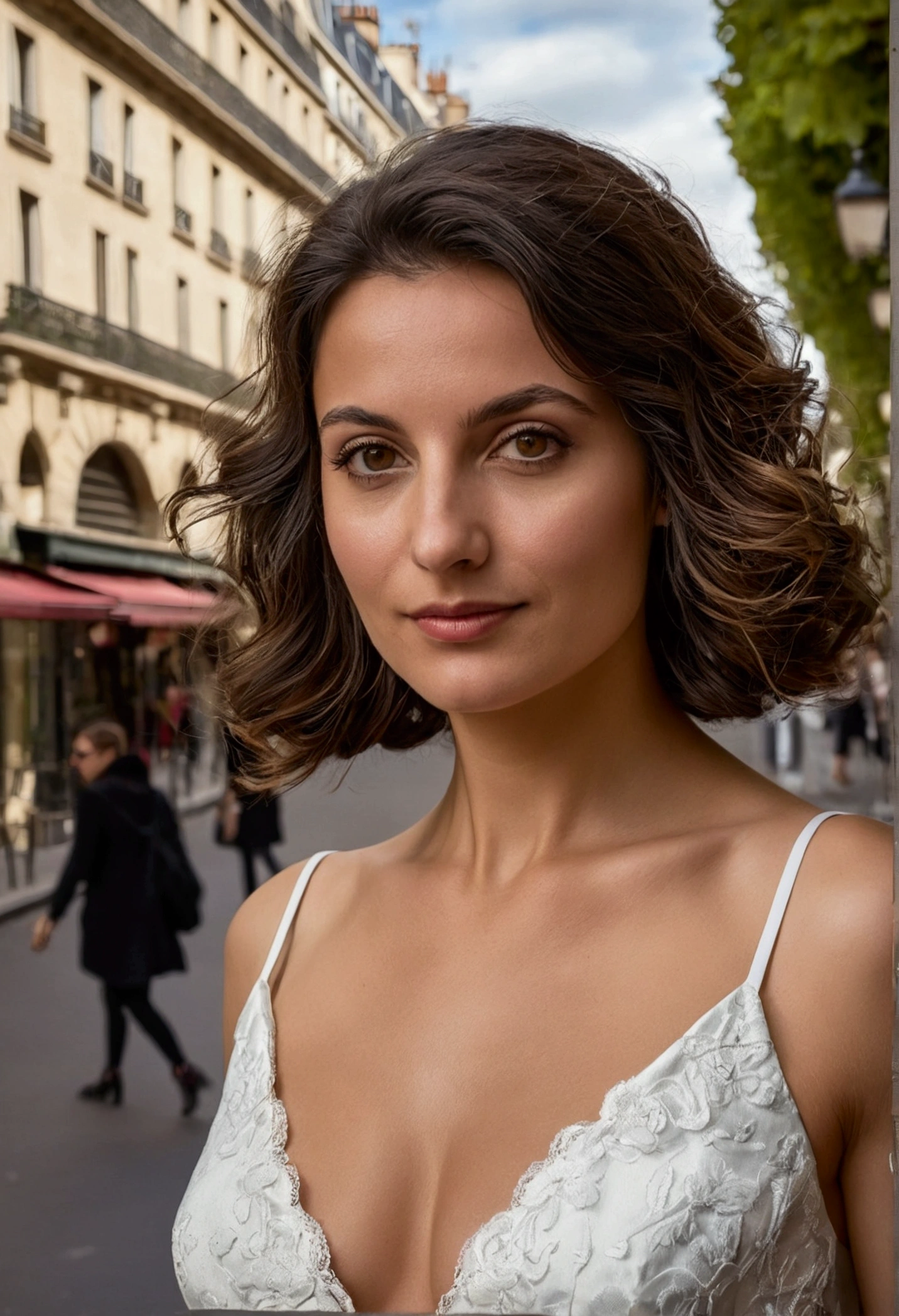 FEMME ITALIENNE ÉLÉGANTE DE 30 ANS ÉLANCÉ DANS LA VILLE DE PARIS EN ROBE DÉCOLLETÉ