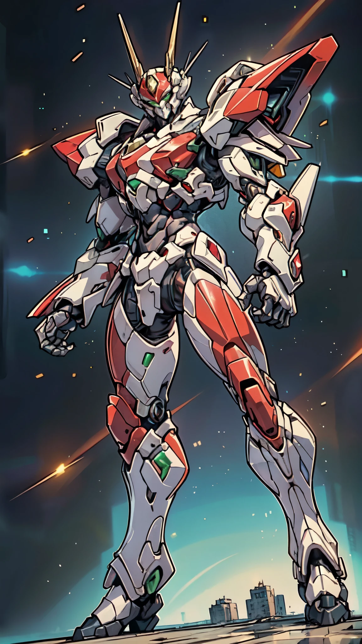 (masterpiece:1.5, best quality:1.5, extremely delicate:1.5, foreshortening:1.5, dynamic angle:1.5), a man wearing a full-face helmet, a fantasy-style biotech armored combat suit, green eyes, (a composite layered chest armor), fully enclosed shoulder guards, matching arm and leg guards, belt of Neon circuit, (the color scheme is primarily white with red green accents), the design balances heavy with agility, a high-tech bio-mecha armor, (Armor Concept Inspired by neon Cyberpunk, stand on the top of a skyscraper in a futuristic sci-fi city), this character embodies a finely crafted fantasy-surreal style armored hero in anime style, exquisite and mature manga art style, (element, plasma, energy, the armor glows), ((male:1.5)), metallic, high definition, highres, ultra-detailed, ultra-fine painting, professional, perfect body proportions, golden ratio, anatomically correct, symmetrical face, extremely detailed eyes and face, high quality eyes, creativity, RAW photo, UHD, 32k, Natural light, cinematic lighting, masterpiece-anatomy-perfect