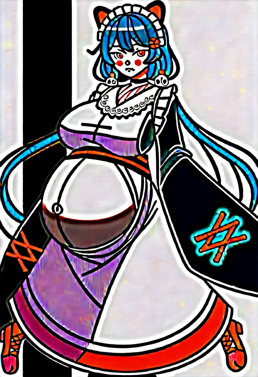 it1, flower, twintails, low twintails, very long hair, dog girl
choker, maid headdress, black kimono, wide sleeves, frills, obi, white apron, sleeves past wrists, skirt, red skirt, brown footwear, cross-laced footwear、Huge breasts、blush、Pregnant women