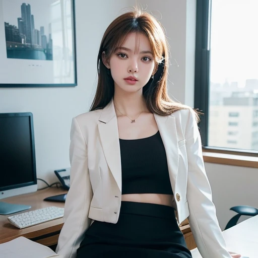 (8k, Highest quality, Super detailed:1.37), (Janet), 18-year-old, (Sophisticated African College Girl), Create a professional atmosphere in a modern office environment. Tailored blazer and pencil skirt combo, She displays impeccable style and a confident attitude.. 高解像度の画像はSuper detailedなリアリズムを捉えます, highlighting Janet's captivating eyes, Long eyelashes, Perfect Skin. A sophisticated office environment that exudes a sophisticated atmosphere, Spread your legs，creating a visually stunning representation of Janet's professional image.