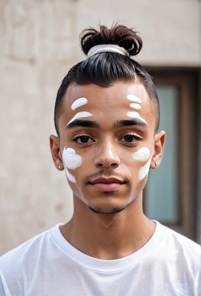 young guy , with a short ponytail,artist, without a beard, Vitiligo
