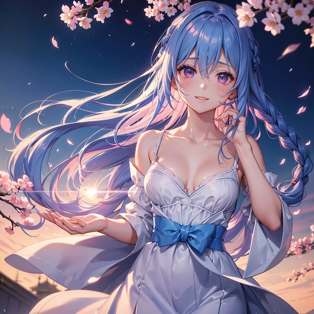 (Sky blue medium hair),(Braided hair tied together)、Pink eyes、Fair skin、(whole body)、(One Girl)、(suit)、Cherry Blossoms at Night、A big smile、、(masterpiece、Highest quality、Very detailed、Best Shadow)、(Detailed Background)、(Beautifully detailed face)、High contrast、(Best lighting、Very delicate and beautiful)、((Cinematic Light))、colorful、Hyper Detail、Dramatic Light、Exquisite detail、