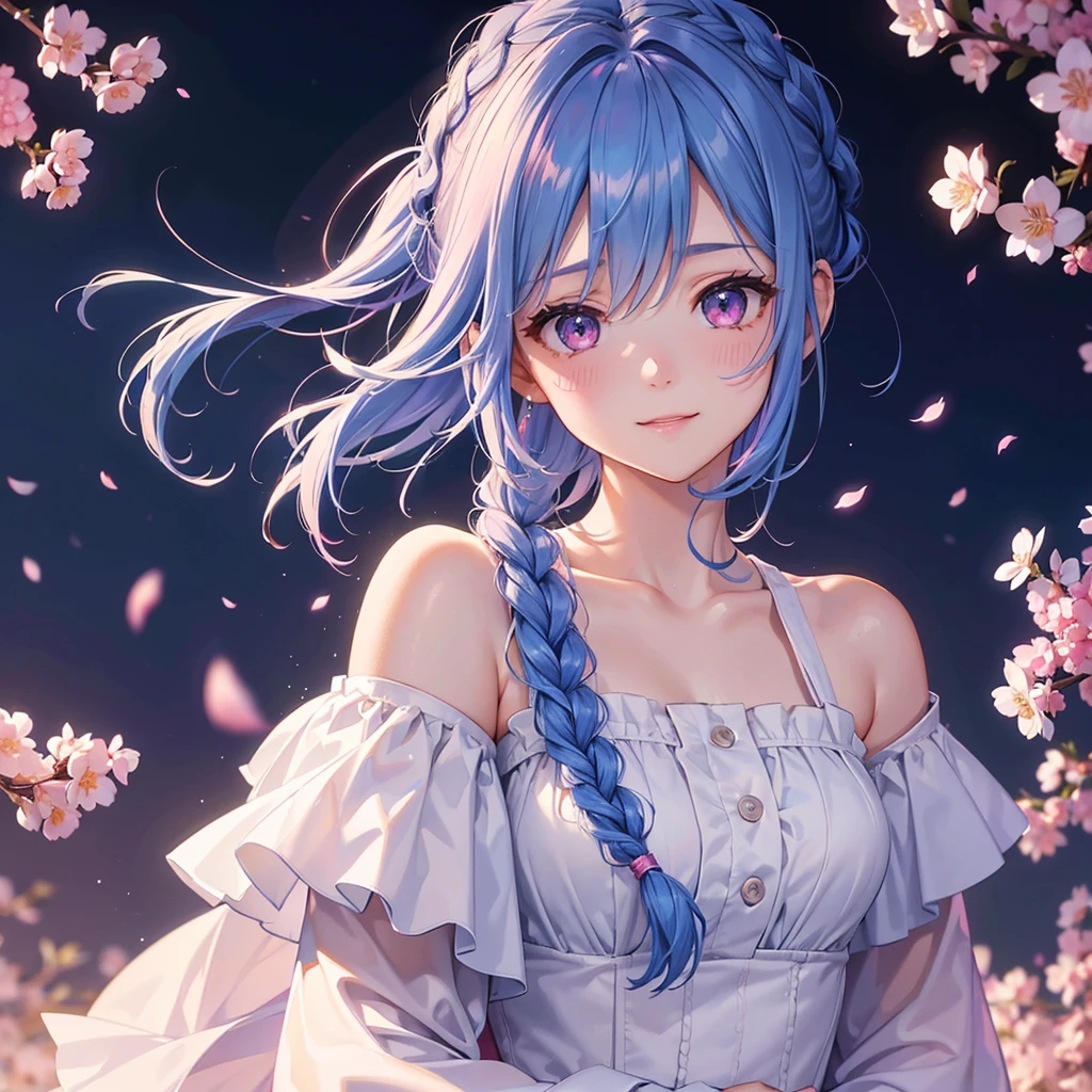 (Sky blue medium hair),(Braided hair tied together)、Pink eyes、Fair skin、(whole body)、(One Girl)、(suit)、Cherry Blossoms at Night、A big smile、、(masterpiece、Highest quality、Very detailed、Best Shadow)、(Detailed Background)、(Beautifully detailed face)、High contrast、(Best lighting、Very delicate and beautiful)、((Cinematic Light))、colorful、Hyper Detail、Dramatic Light、Exquisite detail、