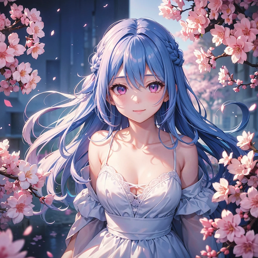 (Sky blue medium hair),(Braided hair tied together)、Pink eyes、Fair skin、(whole body)、(One Girl)、(suit)、Cherry Blossoms at Night、A big smile、、(masterpiece、Highest quality、Very detailed、Best Shadow)、(Detailed Background)、(Beautifully detailed face)、High contrast、(Best lighting、Very delicate and beautiful)、((Cinematic Light))、colorful、Hyper Detail、Dramatic Light、Exquisite detail、