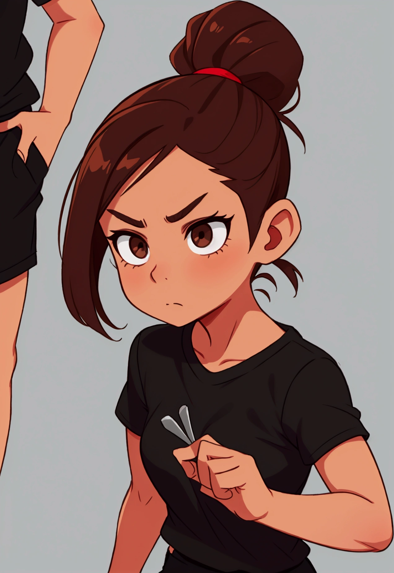 Brown hair, pulled back into a ponytail, Brown eyes, blank look, bright skin, black T-shirt and black shorts
