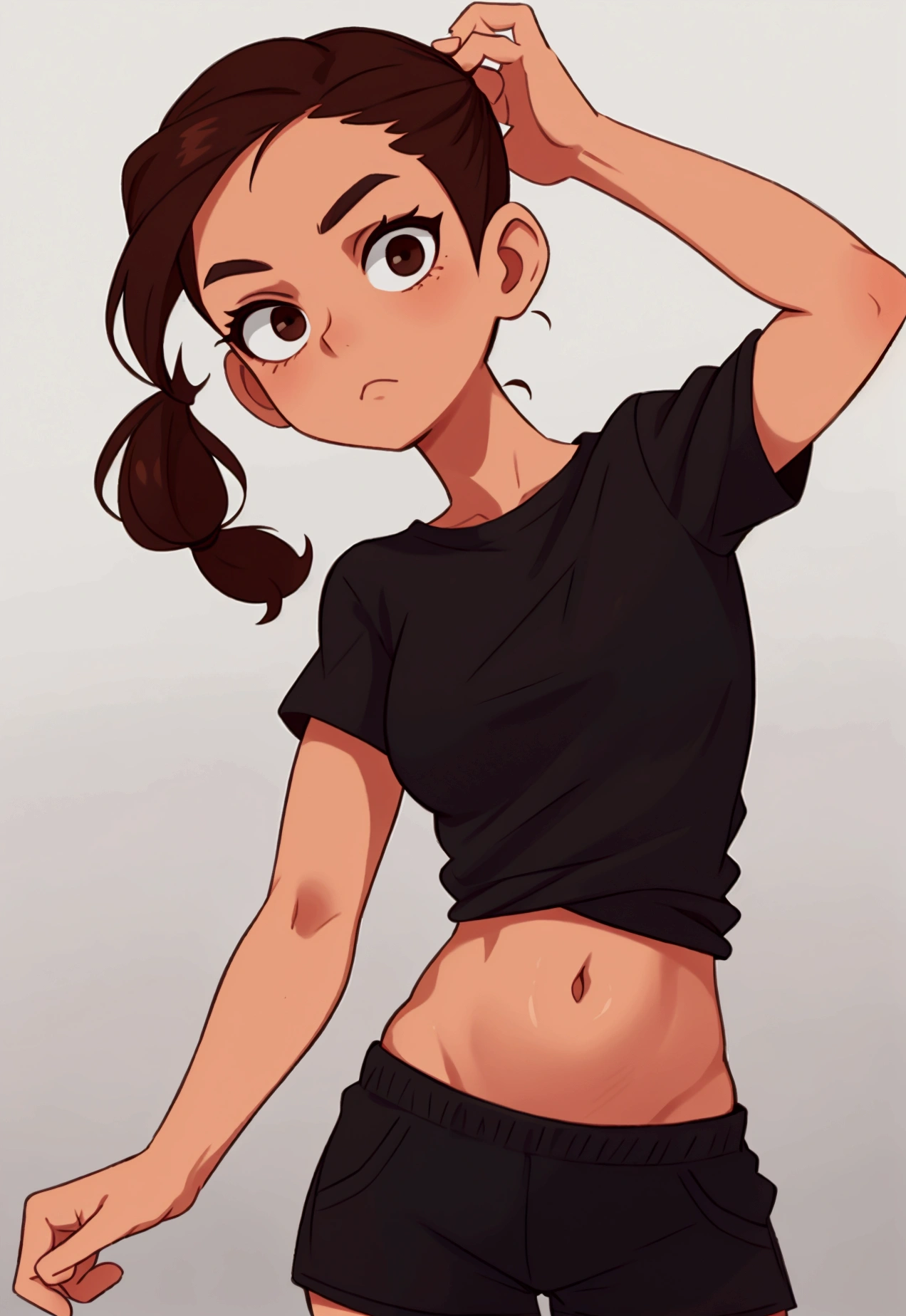 Brown hair, pulled back into a ponytail, Brown eyes, blank look, bright skin, black T-shirt and black shorts