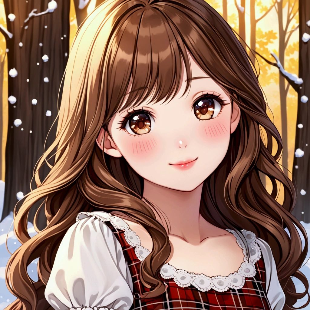 Very beautiful and sweet women, with innocent shy facial expression with sweet smile, long wavy honey brown hair, snow white skin complexion, brown doe eyes. Very detailed. cute plaid dress, blushing rosy cheeks