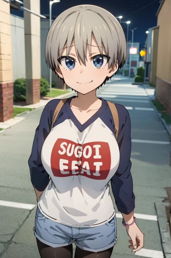 ((1girl)),((alone)),uzaki hana,(masterpiece), , looking at viewer, big breasts, , gray hair, short hair, hair between the eyes, bangs, blue eyes, fangs, shirt, raglan sleeves, text in romaji, , long sleeves, huge breasts, jean shorts, black pantyhose, mocking smile, closed mouth,outdoor, night, , city, streets, 