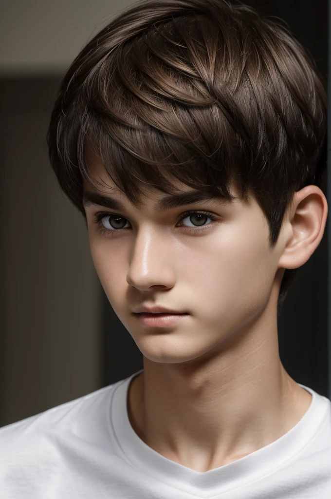 Super detailed face, attention to detail, double eyelids, beautiful thin nose, sharp focus: 1.2, beautiful boy: 1.4, (light brown hair, short hair, pure white skin, highest quality, highest quality) - high definition,  (13-year-old boy) In the boxinh gym , (blak short) , (black shirt‌) (bangs hair) 