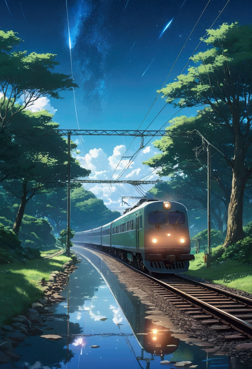 High quality masterpiece ，landscape，Animated train passing through water on the tracks， Bright starry sky。Romantic Train，irritating，Concept Art，Lofi Art Style，Reflector。 por Makoto Shinkai, Arte Roffie, Beautiful anime scene, landscapes de anime, 詳細なlandscape —幅672, In the style of Makoto Shinkai, Makoto Shinkai's style，Improvement of details