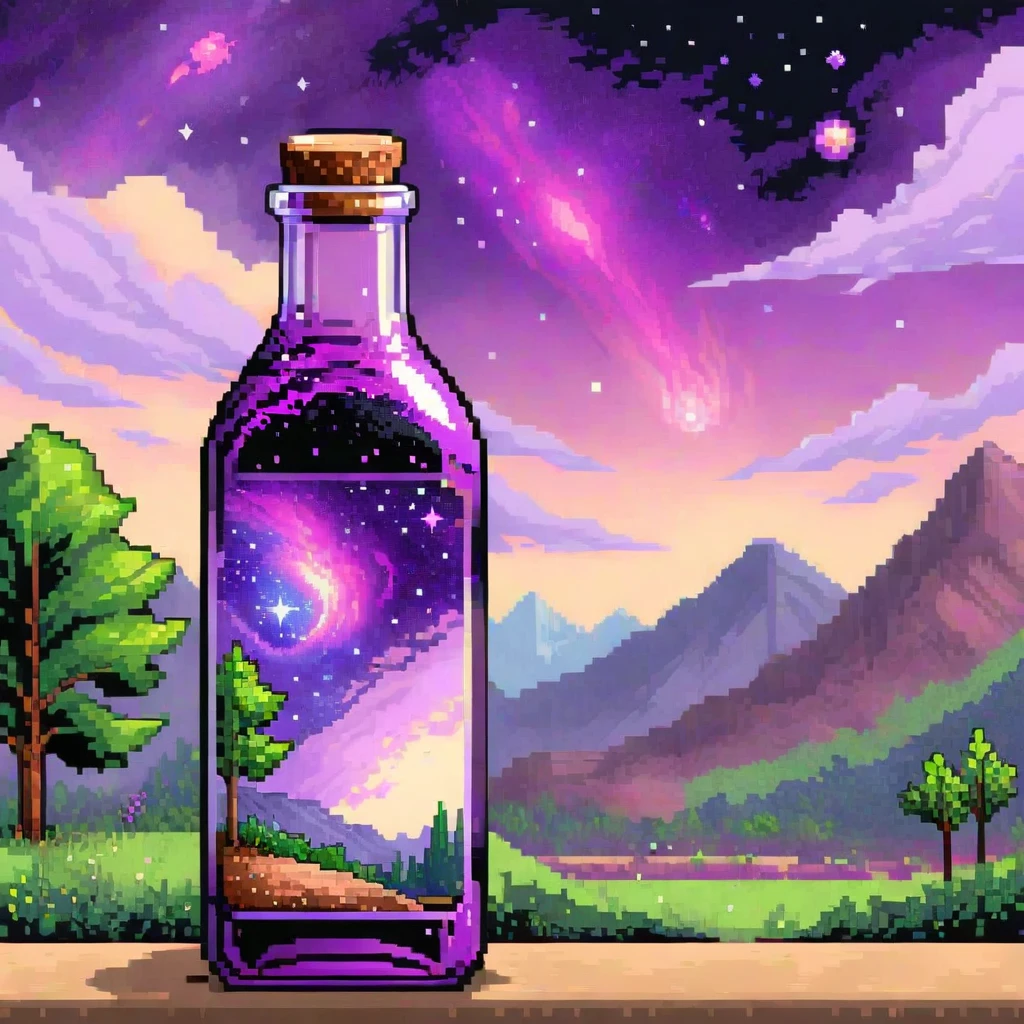 Beautiful landscape natural glass bottle, , Purple Galaxy Bottle, Pixel Art