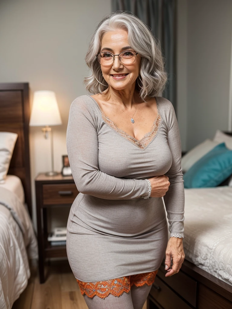 Mature old woman 80 years with silver hair, plus size, red lips, long-long curly grey hair, old face and body with many wrinkles, smiling, loose skin, standing at bedroom posing for photo, She wearing tight orange bodycon dress, large neckline and lace stockings and glasses side view. jaw dropping mature older beauty, old face and body with wrinkles, attractive grandma, a gorgeous old hair, beautiful old grandma, lovely older mature grandma, gorgeous beautiful grandma over 80 years old, beautiful silver hair grandma, beautiful detailed body and face, a beautiful old granny
