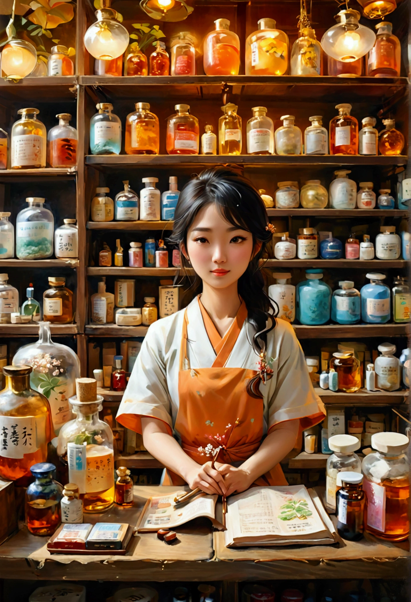 Create an illustration that meets the following criteria: -A pharmacy with a warm atmosphere and illustrations of pharmacists being recruited -A scene of a kind Japanese woman working at a pharmacy