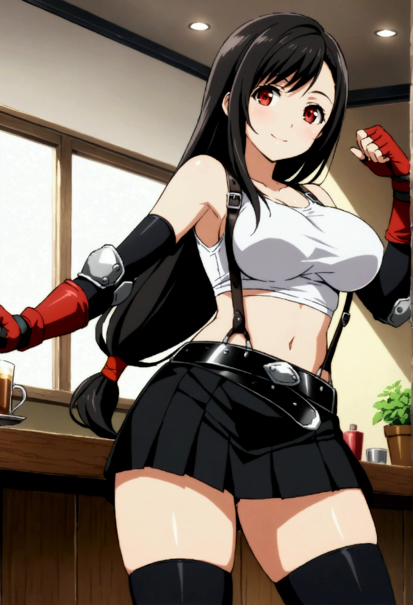 score_9, score_8_up, score_7_up,,8k,rating_safe BREAK ,(source_anime).below view,,breast focus,standing,contrapost pose,(upperbody),looking_at_viewer ,1girl, tifa lockhart, final fantasy, tareme,black hair, low-tied long hair, red eyes, bangs, (white tank top, belt, pleated skirt, thighhighs, elbow fingerless gloves, elbow pads, midriff, navel,suspender skirt) ,large_breasts,(light smile),,,Solo,,(daytime and cafebar),barcounter,slender_waist, (best quality),(aesthetic,very aesthetic),masterpiece,(high-resolution), (anime screenshot:0.5),(mid),(superior contrast.ultra sharp).,