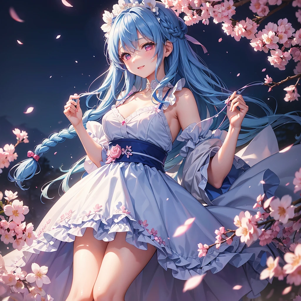 (Sky blue medium hair),(Braided hair tied together)、Pink eyes、Fair skin、(whole body)、(One Girl)、(suit)、Cherry Blossoms at Night、A big smile、、(masterpiece、Highest quality、Very detailed、Best Shadow)、(Detailed Background)、(Beautifully detailed face)、High contrast、(Best lighting、Very delicate and beautiful)、((Cinematic Light))、colorful、Hyper Detail、Dramatic Light、Exquisite detail、