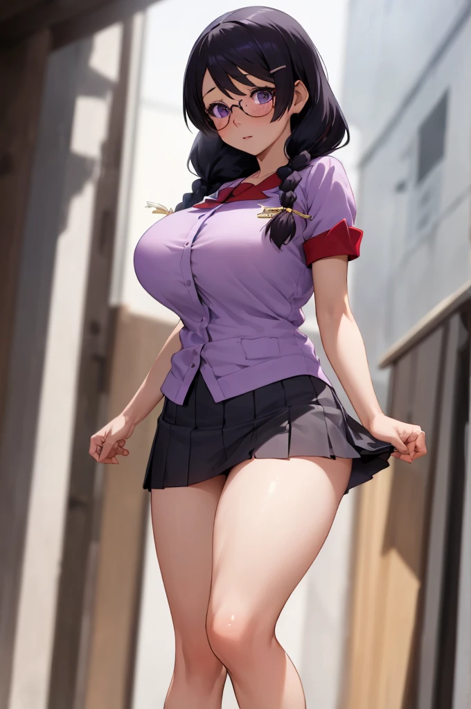 (best quality, masterpiece, RAW photo,ultra-detailed:1.2), 1girl,solo,looking at viewer,hanekawa tsubasa, long hair, black hair, hair ornament, (purple eyes:1.1), braid, hairclip, twin braids, glasses, huge breasts, miniskirt,bare legs