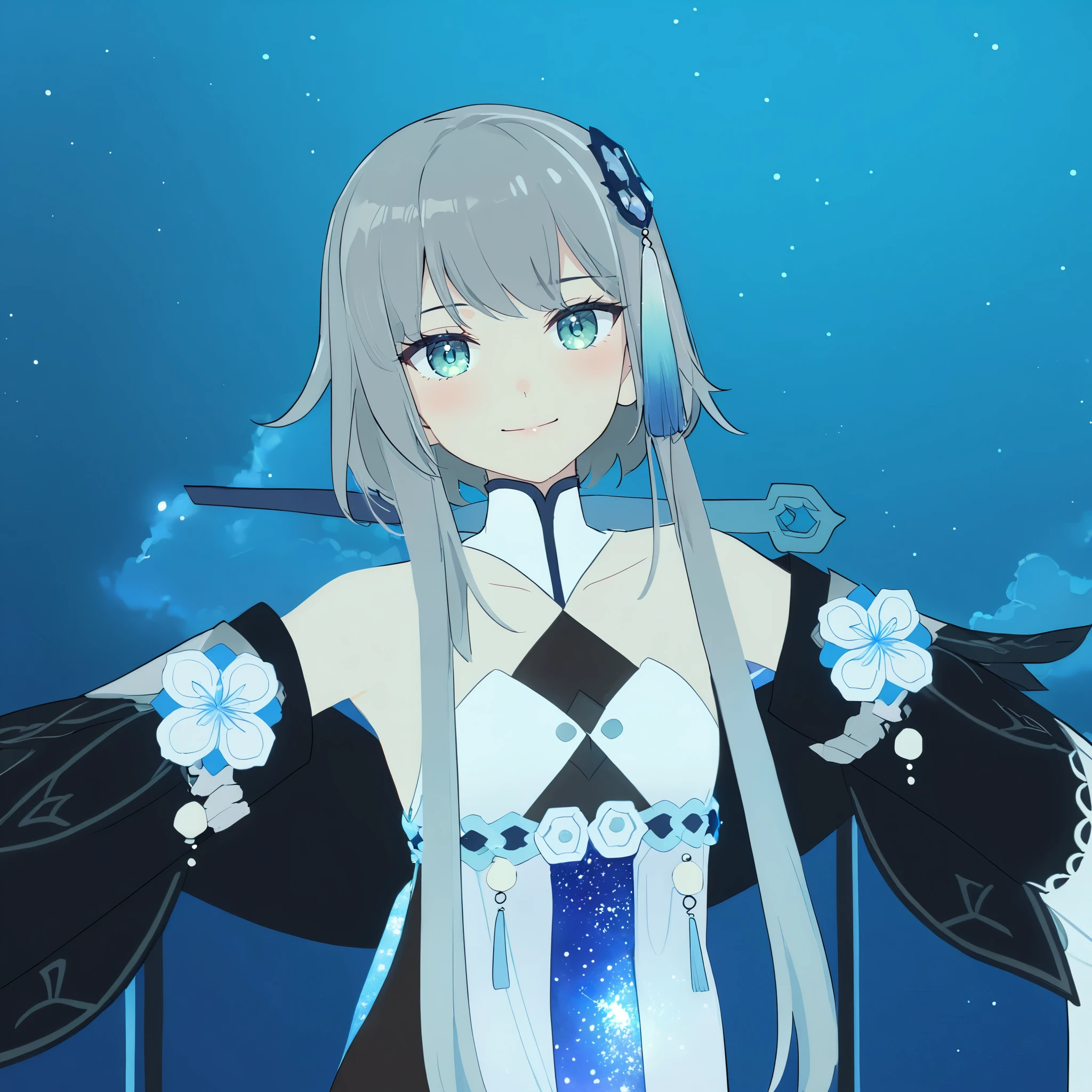 1girl, guizhong_\(genshin_impact\),light grey hair,short_hair_with_long_locks,starry_sky_print,detached_sleeves, long sleeves that drape over hands past fingers,dancing,hanfu,pale green-grey eyes,stunning field of softly glowing blue and white glaze lilies,night scene,gentle smile,moonlight,glossy lips,soft anime coloring,cel shading,smooth, soft dreamy focus,anklet,halter_top,white clothes,highly detailed,digital painting,field of flowers,bare_shoulders,mihoyo,barefoot,cool night tones, magical night scene,masterpiece, best quality, film, bokeh, multicolored light particles,professional, 4k, highly detailed,fireflies,Guardian nebula of rainbow light and silvery vapor,ai-generated,goddess of stardust,realistic:.25,starry_sky,milkyway