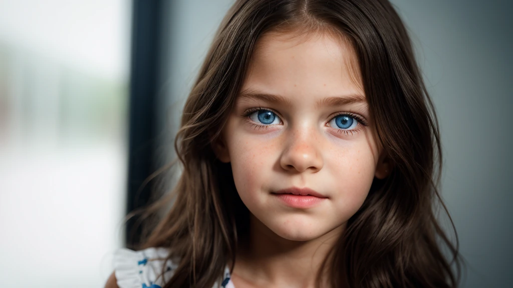 9 year old girl with child's face and body, dark blue eyes, photorealistic, photography, artwork, realistic, realism, photorealism, high contrast, hyper detailed, realistic skin texture, Ultra high resolution, (photorealistic:1.4), Very high resolution, raw photo, full body