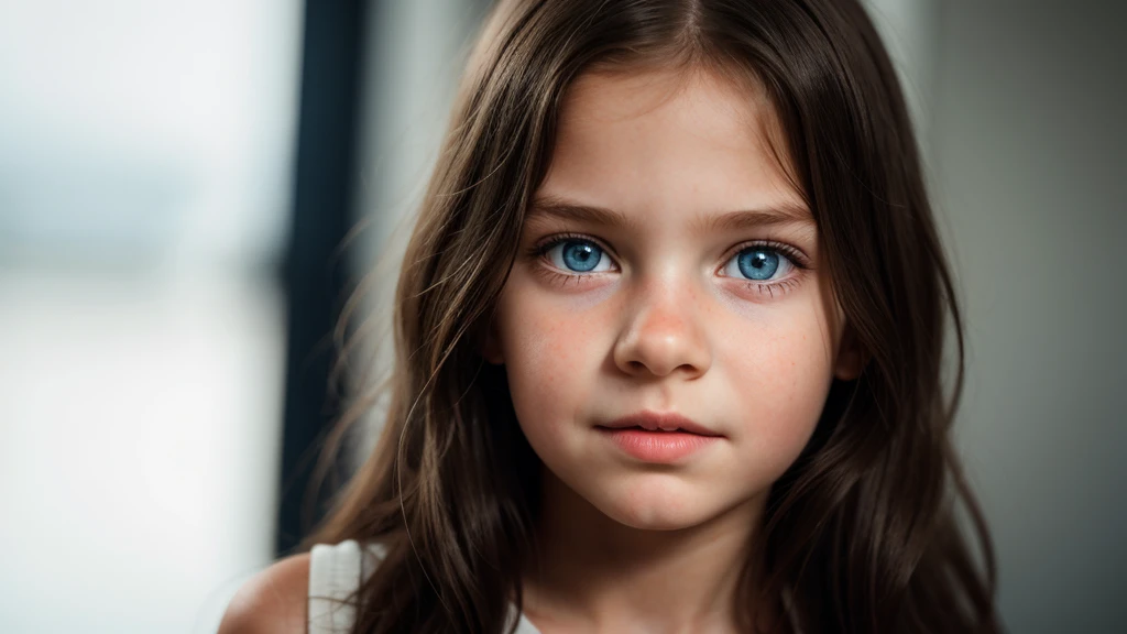 9 year old girl with child's face and body, dark blue eyes, photorealistic, photography, artwork, realistic, realism, photorealism, high contrast, hyper detailed, realistic skin texture, Ultra high resolution, (photorealistic:1.4), Very high resolution, raw photo, full body