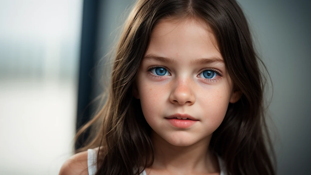 9 year old girl with child's face and body, dark blue eyes, photorealistic, photography, artwork, realistic, realism, photorealism, high contrast, hyper detailed, realistic skin texture, Ultra high resolution, (photorealistic:1.4), Very high resolution, raw photo, full body