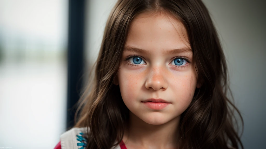 9 year old girl with child's face and body, dark blue eyes, photorealistic, photography, artwork, realistic, realism, photorealism, high contrast, hyper detailed, realistic skin texture, Ultra high resolution, (photorealistic:1.4), Very high resolution, raw photo, full body