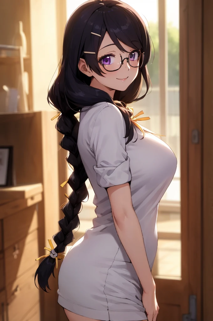 (best quality, masterpiece, RAW photo,ultra-detailed:1.2), 1girl,solo,looking at viewer,smile hanekawa tsubasa, long hair, black hair, hair ornament, (purple eyes:1.1), braid, hairclip, twin braids, glasses, very large breasts, big 