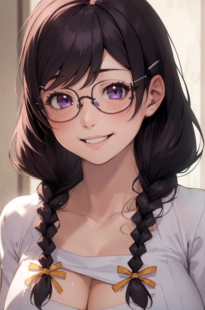 (best quality, masterpiece, RAW photo,ultra-detailed:1.2), 1girl,solo,looking at viewer,smile hanekawa tsubasa, long hair, black hair, hair ornament, (purple eyes:1.1), braid, hairclip, twin braids, glasses, very large breasts, big 